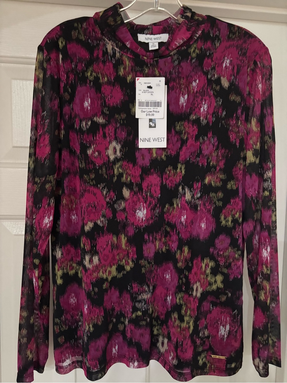 Nine West Black and Magenta Floral Mock Neck Long Sleeve Top